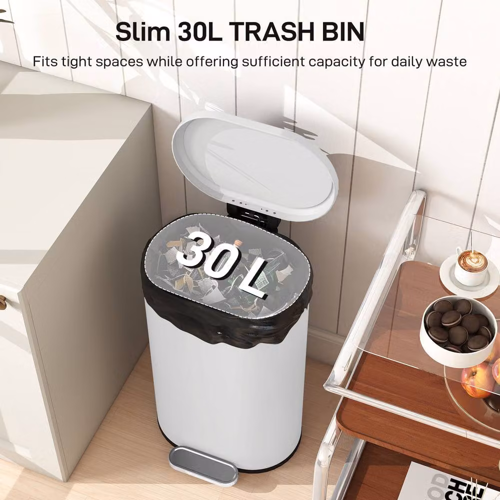 HOMCOM Slim Rectangular Pedal Bin with Soft-Close Lid, 30L Metal Kitchen Bin in Beige – 3