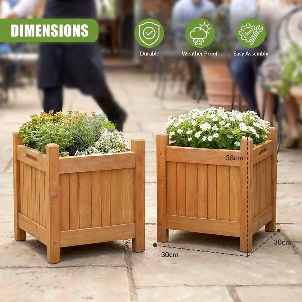 SPETLEK Set of 2 Brown Wooden Square Garden Planter Tubs, W/D/H: 30 x 38 x 30 cm – 4
