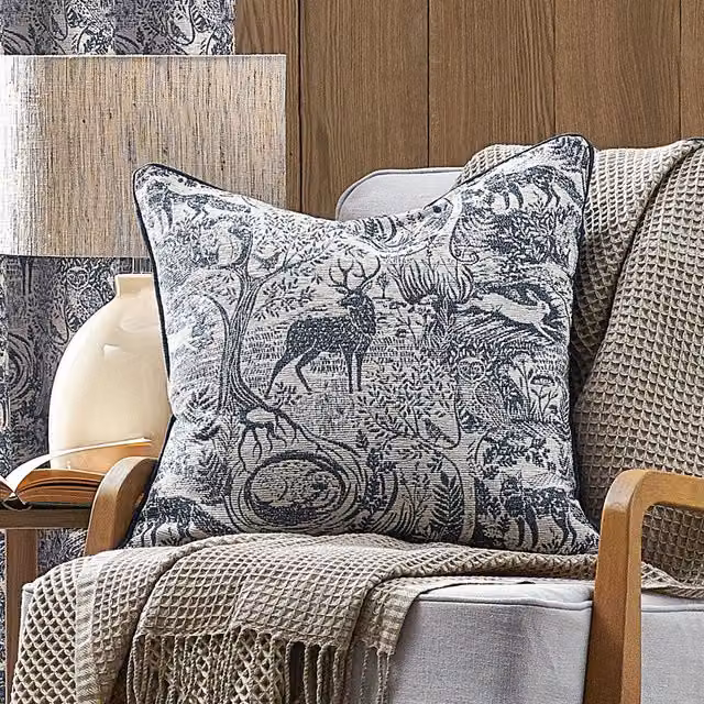 Make it a Home Winter Woods Animal Chenille Cushion in Midnight Blue with Feather Filling