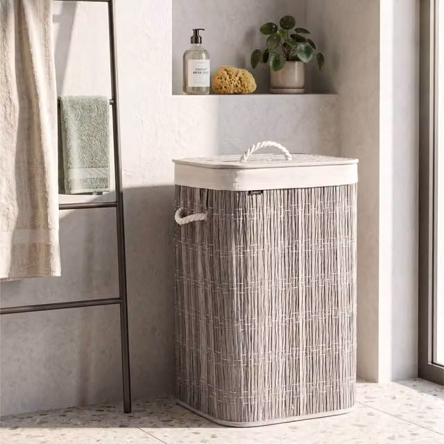 Wyld and Coco 72L Grey Woven Laundry Basket with Lid and Removable Machine Washable Liner