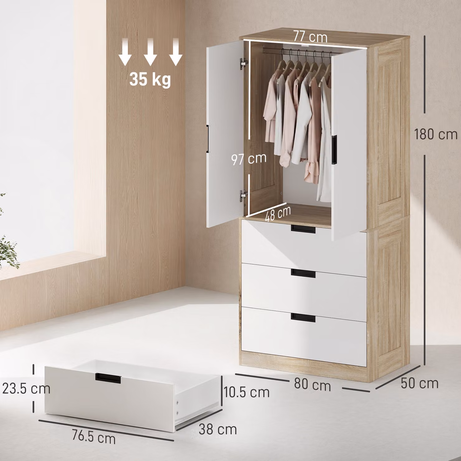 HOMCOM Modern White Clothes Storage Cupboard with 2 Hinged Doors, 3 Internal Drawers and Hanging Rod, H: 180 cm, W: 80 cm – 2