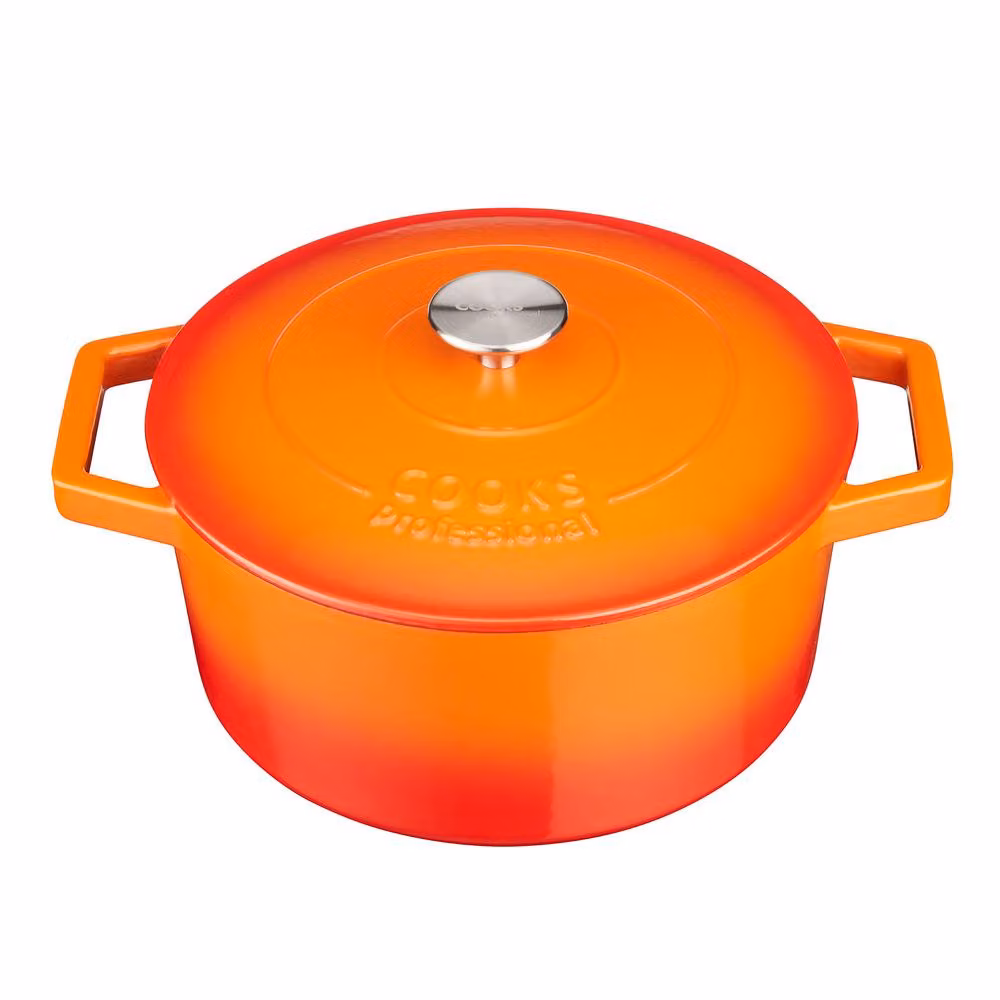 Cooks Professional 5 Piece Enamelled Cast Iron Casserole Dish, Frying Pan and Skillet Set in Orange – 5