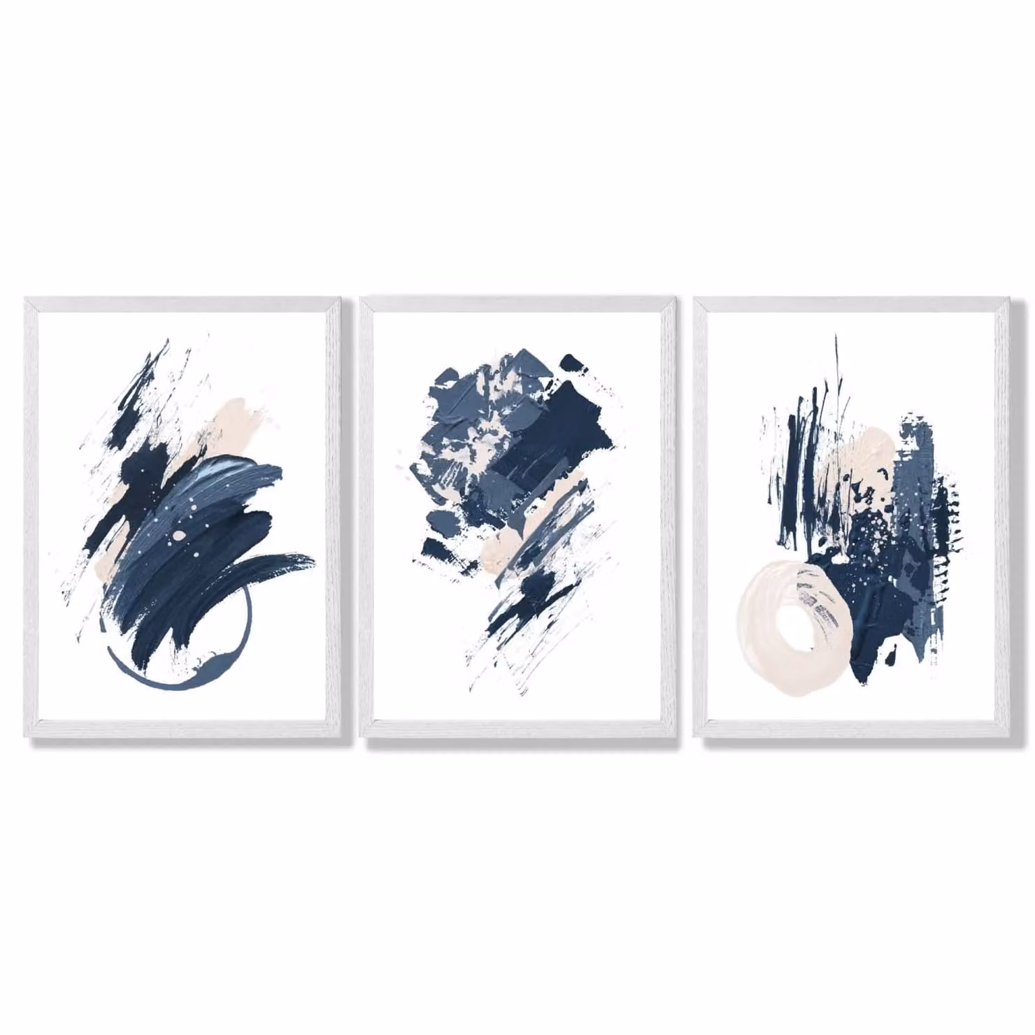 ARTZE Set of 3 Blue Abstract Minimalist Wall Art Prints with White Wood Frames – 2