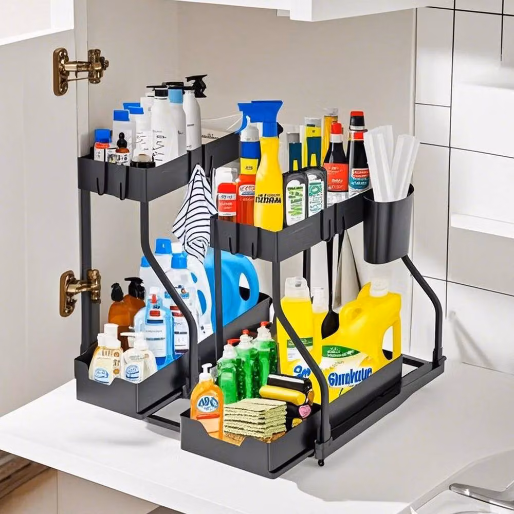 EONLION 2 Tier Under Sink Storage Shelf and Spice Rack in Black – 3