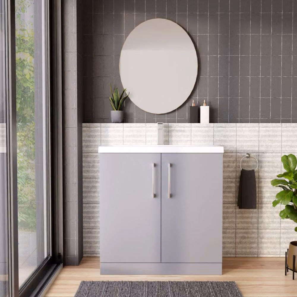 Balterley Modern Bathroom Floor Standing Vanity Unit with 2 Soft Close Doors and Rectangular Mid-Edge Basin, Satin Grey, W: 80 x D: 39 x H: 84 cm – 2