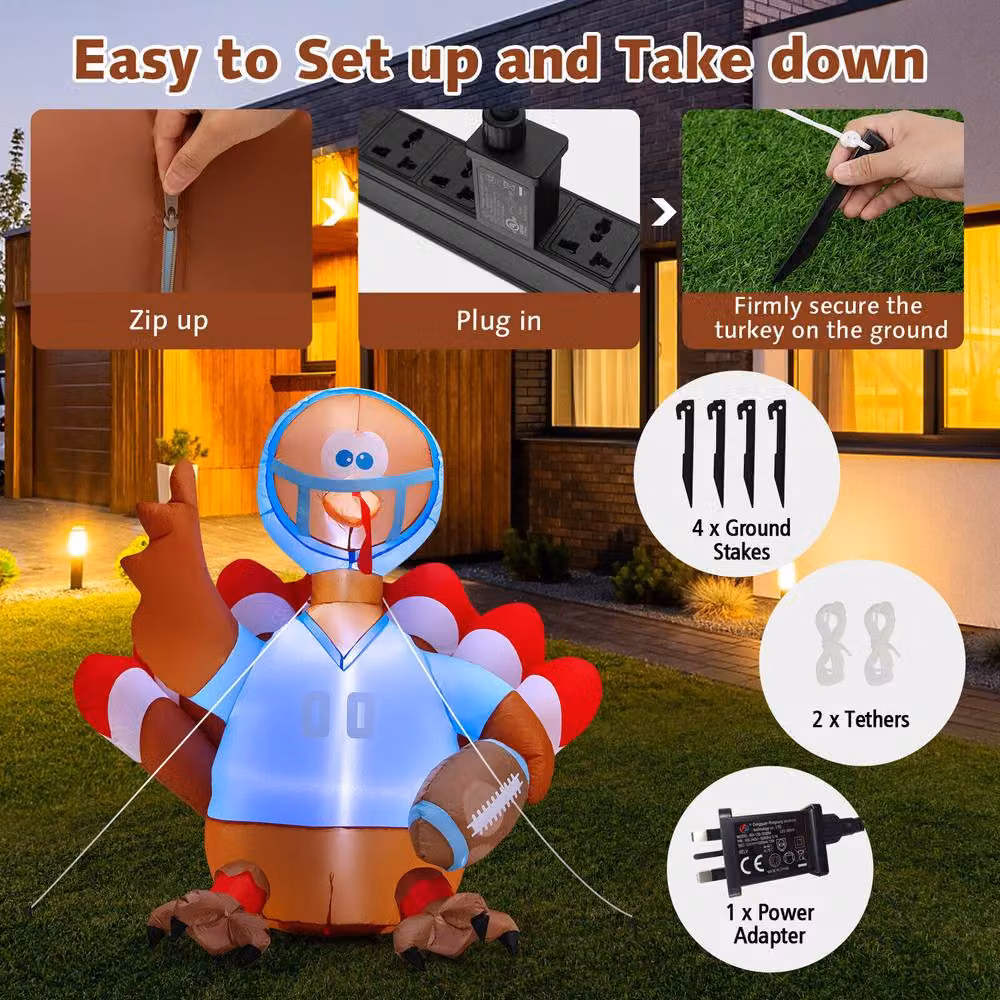 Costway Inflatable Turkey Rugby Player Blow-up Thanksgiving Decoration, Multicolour, Height: 152.4 cm – 6