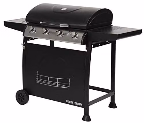 George Foreman 4 Burner Gas BBQ with Automatic Ignition, Integrated Thermometer and 2 Shelves, Black, GFGBBQ4B