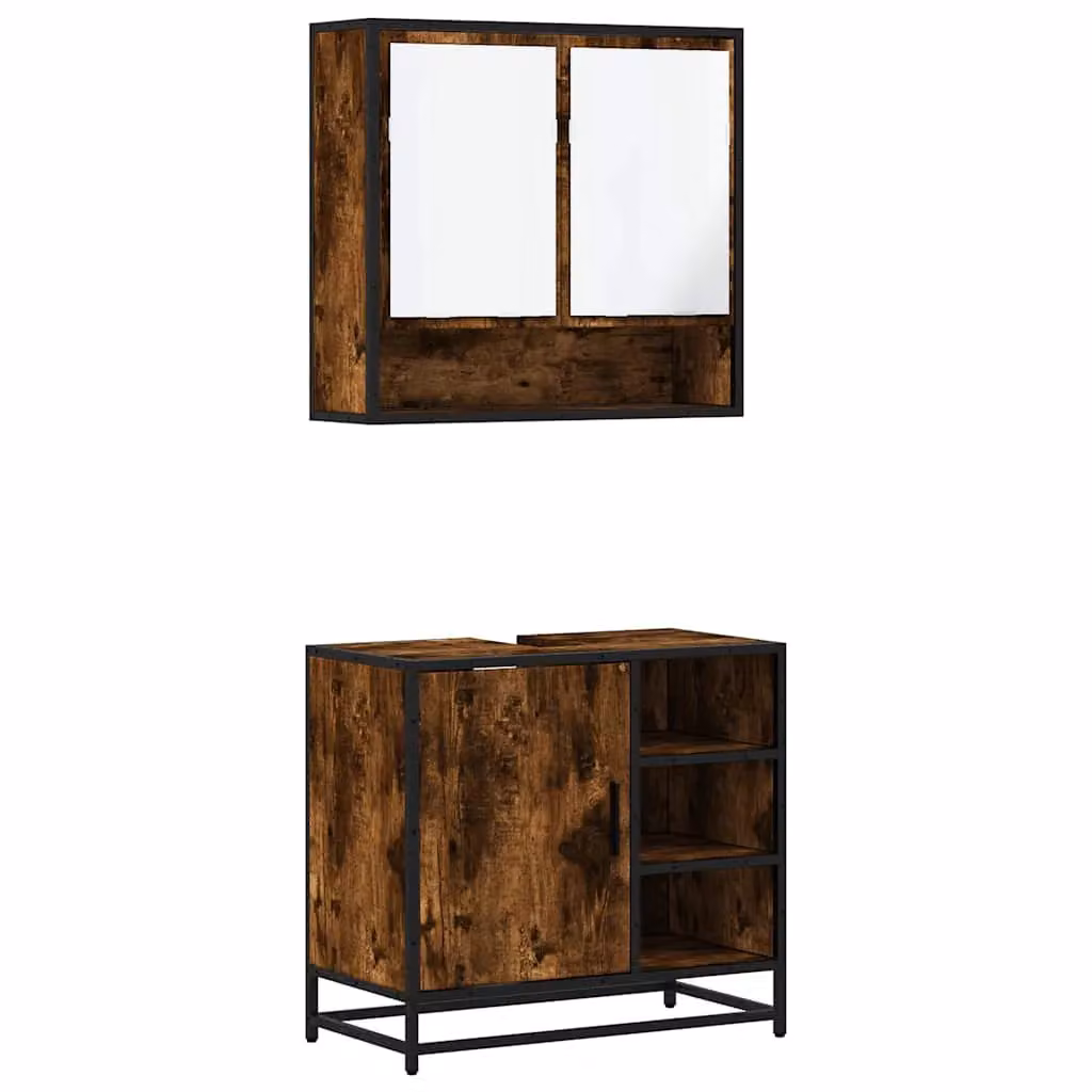 Berkfield Home 2 Piece Industrial Bathroom Furniture Set in Smoked Oak Brown, featuring a Wall-Mounted Vanity Unit and Mirror Cabinet – 2