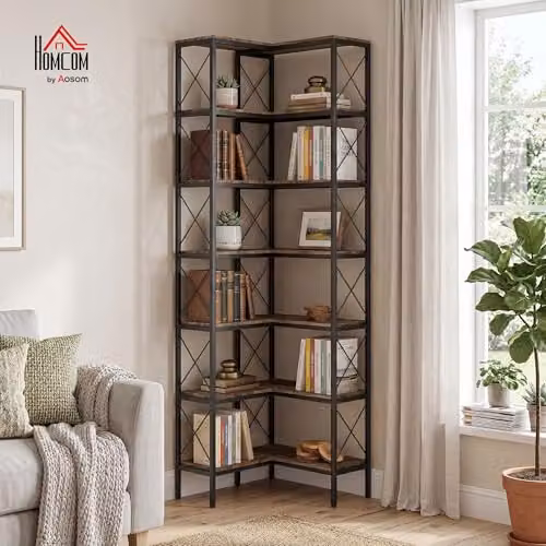 HOMCOM 6-Tier Industrial Corner Bookshelf, L-Shaped Freestanding Unit in Brown, W/D/H: 60 x 60 x 200 cm – 2