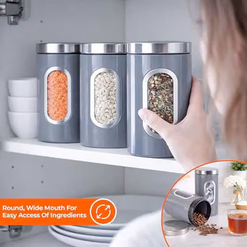 Innoteck 3 Piece Airtight Stainless Steel Kitchen Canister Set in Grey – 3
