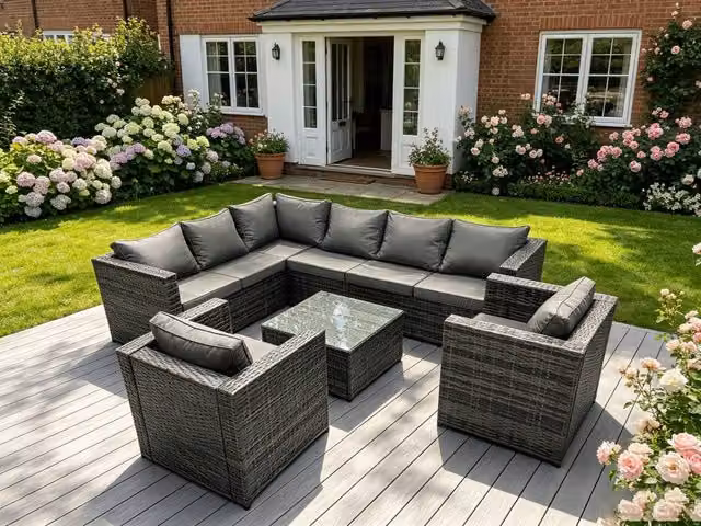 Fimous 8 Seater L-Shape Corner Rattan Garden Furniture Set with Coffee Table in Dark Grey – 1