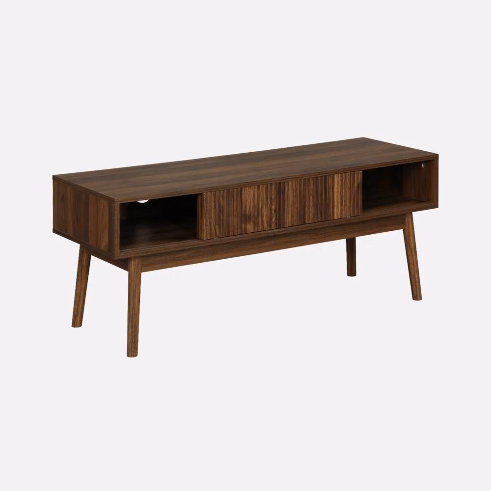 Sweek Scandinavian Style TV Unit with Grooved Wood Detail and 2 Doors in Dark Brown, Width: 115 cm – 2