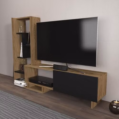 Decorotika Pegai Modern TV Unit with Side Bookcase and Storage Cabinet in Black and Brown – 2