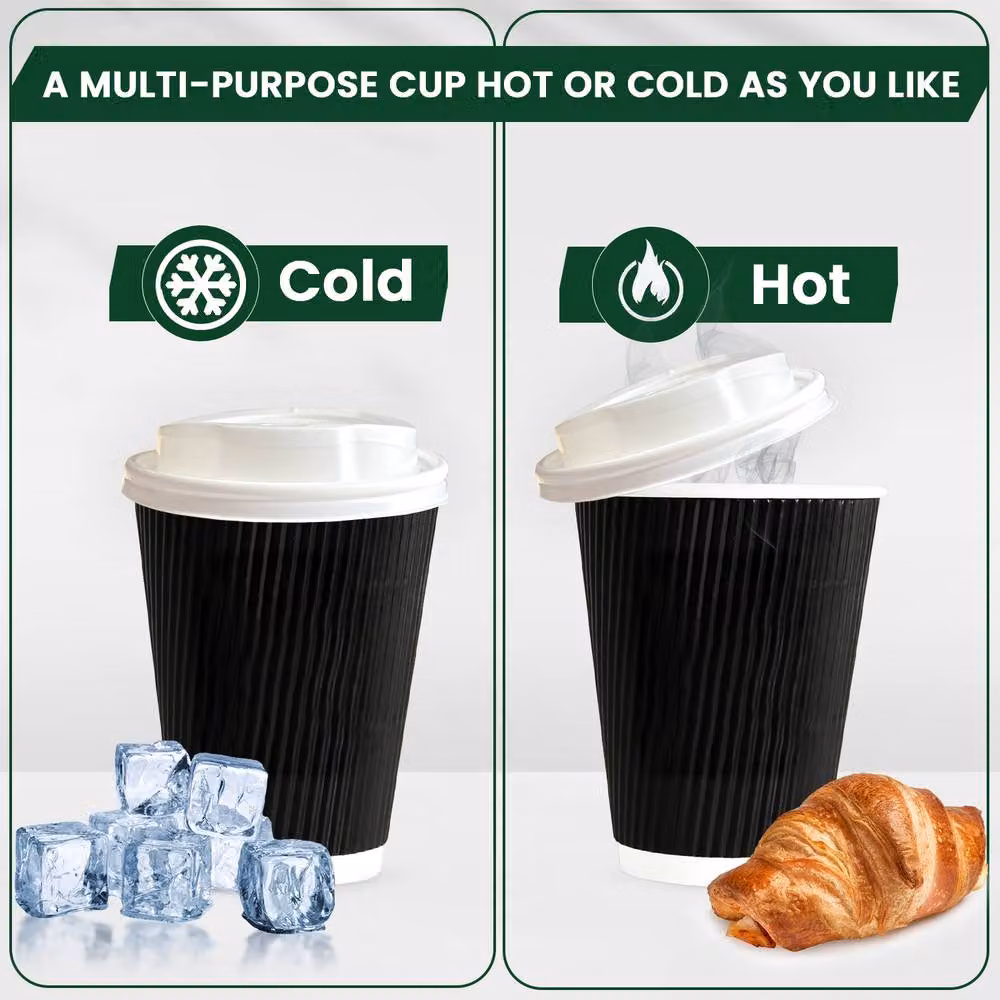 ECONX 500 Black Disposable Paper Ripple Coffee Cups with Lids, 8oz – 9