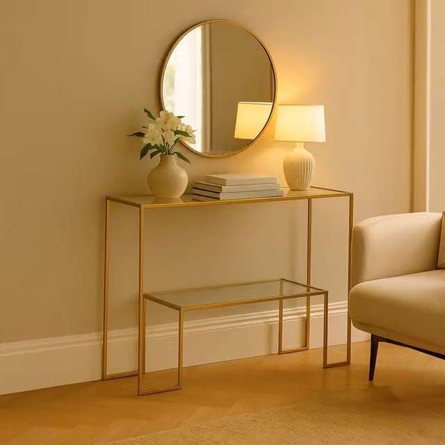Orsina Minimalist Rectangular Glass Console Table in Gold