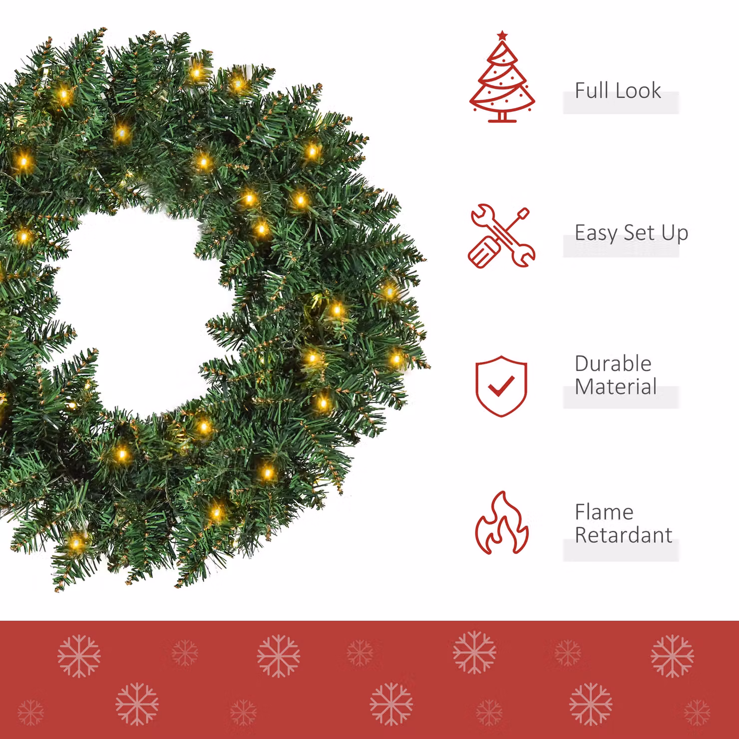 HOMCOM Classic Christmas Wreath Decoration with 50 Warm White LED Lights – 4