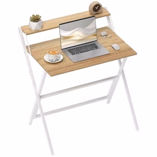 HOMCOM Folding Computer Desk with Monitor Shelf in Natural Wood Finish and White – 1