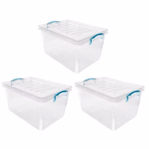 JVL Set of 3 Transparent Plastic Lidded Storage Boxes, 30L, Stackable – 1