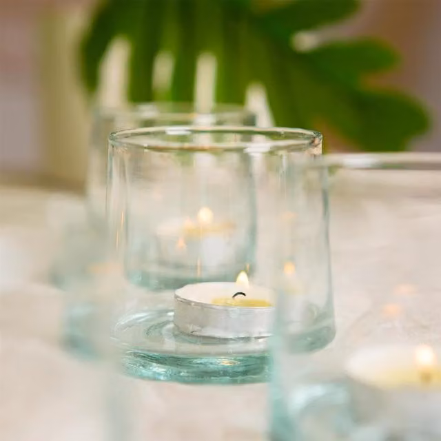 Nicola Spring Moroccan Round Recycled Glass Tealight Holder in Transparent, Green and White