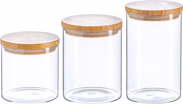 Argon Tableware Scandi Glass Storage Jar Set with Airtight Wooden Lids, Clear – 1