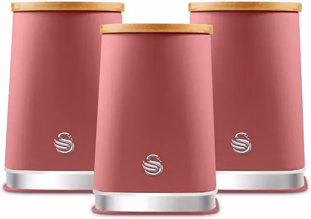 Swan Floral Set of 3 Canisters in Pink and Red with Wood and Metal Details