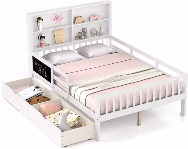Costway White Slats Support Bed Frame with Drawers and Solid Wood Construction, Width: 143 cm