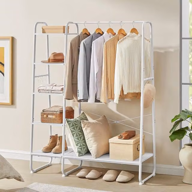 VASAGLE 5 Tier Clothes Rack with Shoe Storage and Side Hooks in White – 1