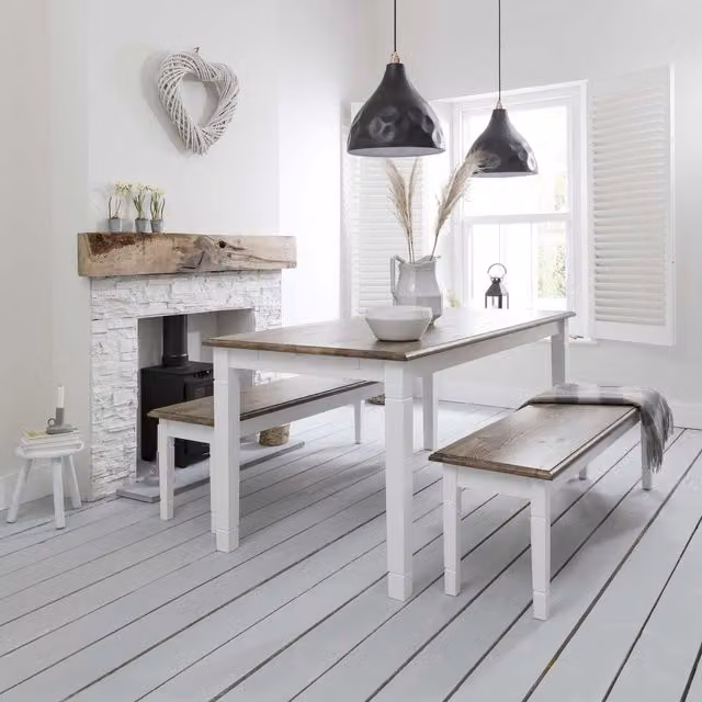 Noa and Nani Canterbury 180cm Rectangular Dining Table and 2 Benches Set in Silk Grey, Dark Pine and White