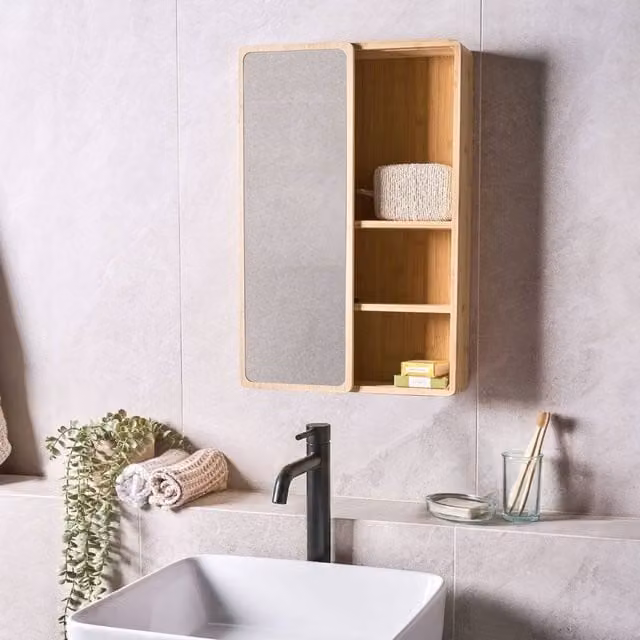 Wyld and Coco Bamboo Bathroom Sliding Mirror Door with LED Lighting and Internal Shelves, Brown, W: 41 cm, D: 9 cm, H: 61 cm – 1