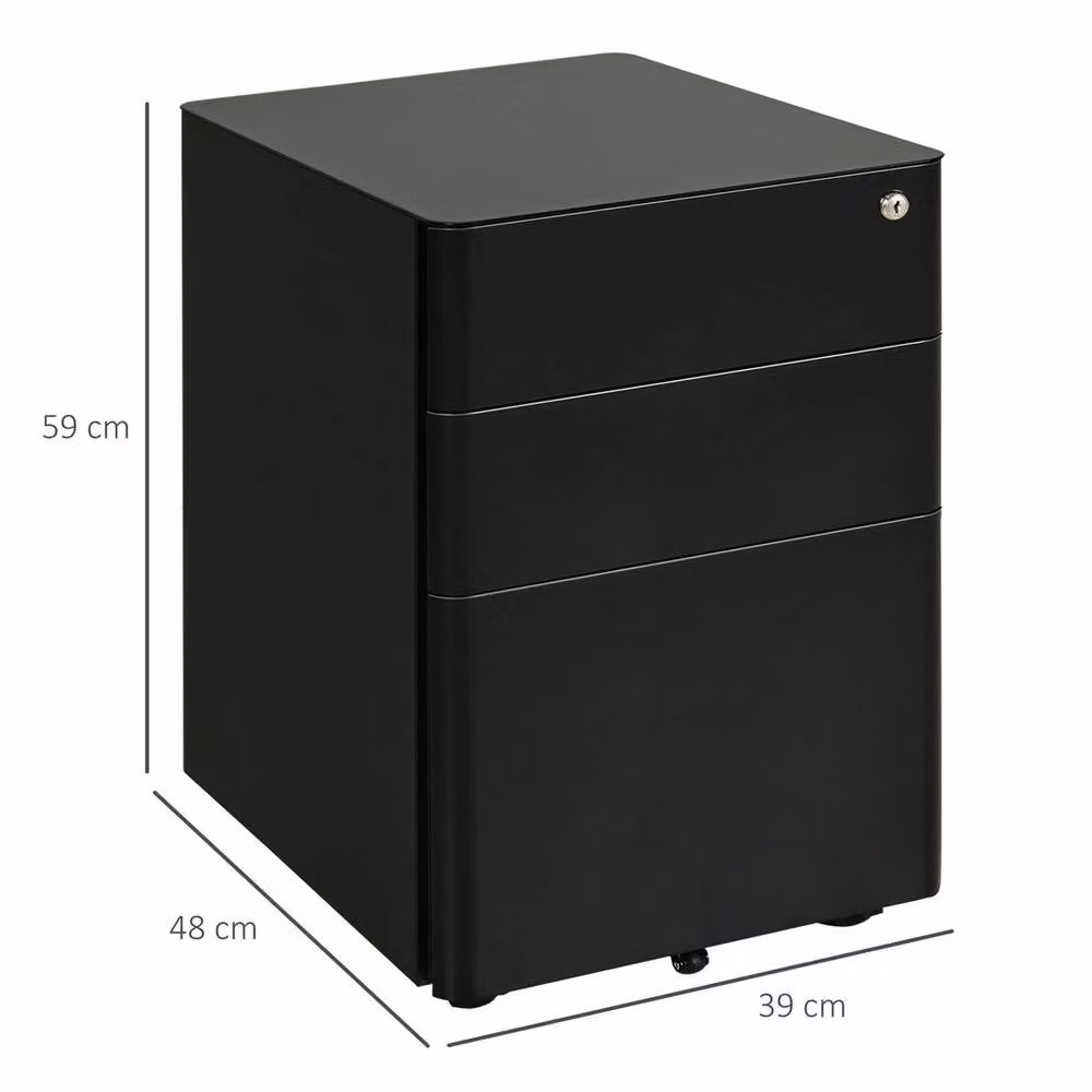 FORGEVIO Black Metal 3 Drawer Lockable Filing Cabinet with Castors – 2