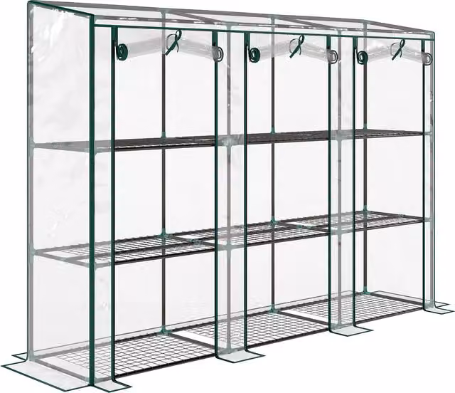 Outsunny 3 Tier Lean-to Mini Greenhouse with Reinforced Plastic Cover and 3 Roll-Up Doors, Clear, W/D/H: 215 x 46 x 151 cm – 1