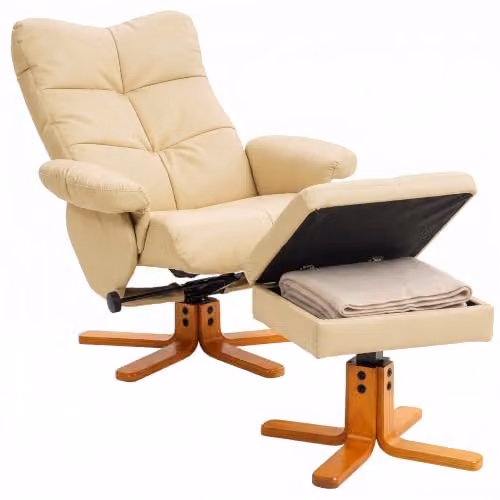 HOMCOM Beige PU Leather Swivel Recliner Chair with Ottoman and Solid Wood Base
