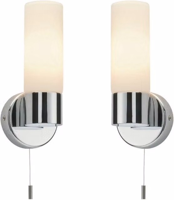 Loops 2 Pack Modern IP44 Bathroom Wall Lights in Chrome with Transparent Glass Shades
