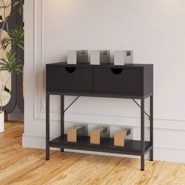 VOGREX Black Console Table with 2 Drawers, MDF Top and Metal Frame for Hallway or Living Room