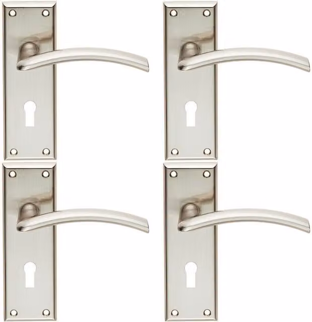 Loops 4x Pair Arched Lever on Lock Backplate Door Handle in Satin Nickel, W: 150 mm, H: 50 mm