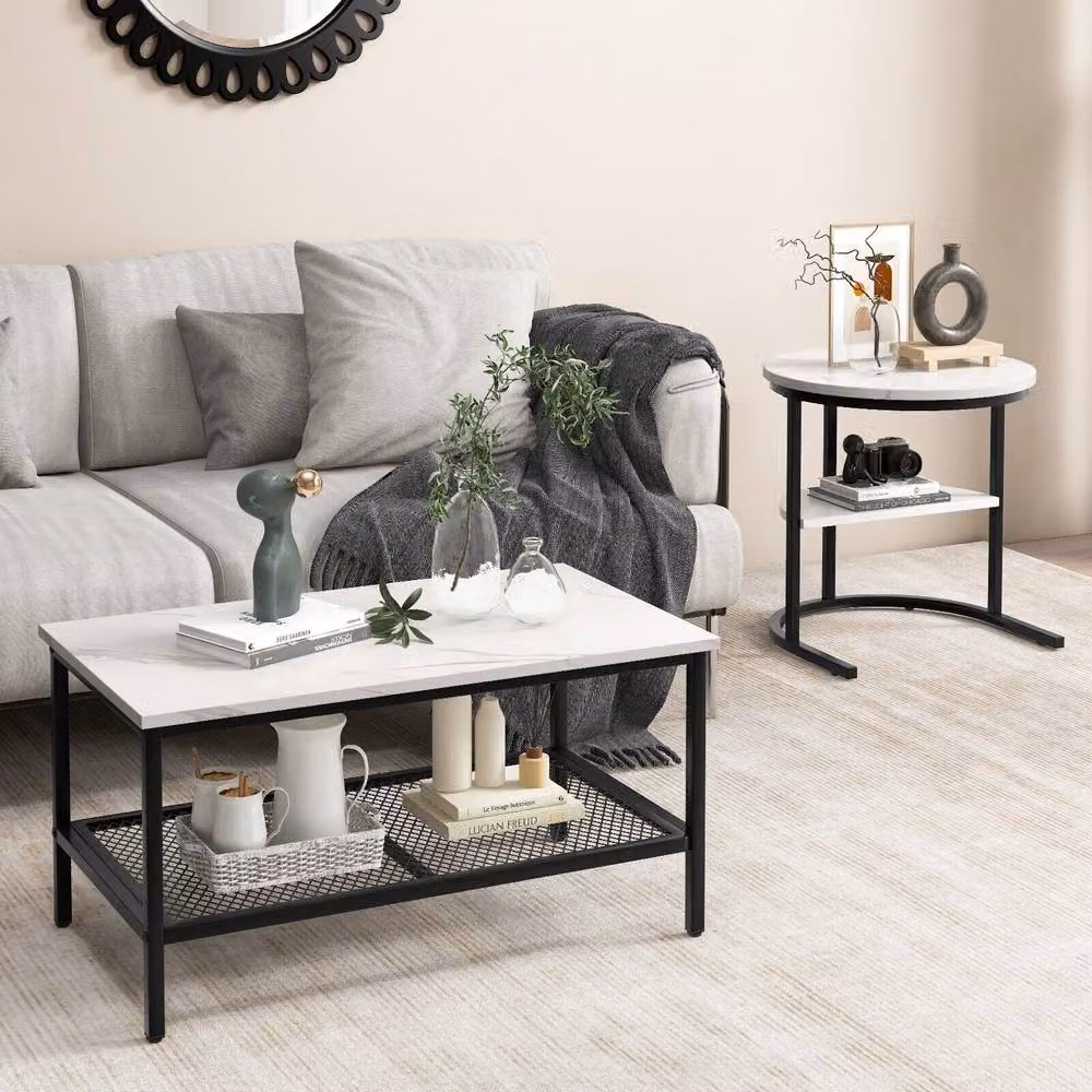 CASART Set of 2 Nesting Coffee and Side Tables with Black Faux Marble Effect Tops – 7