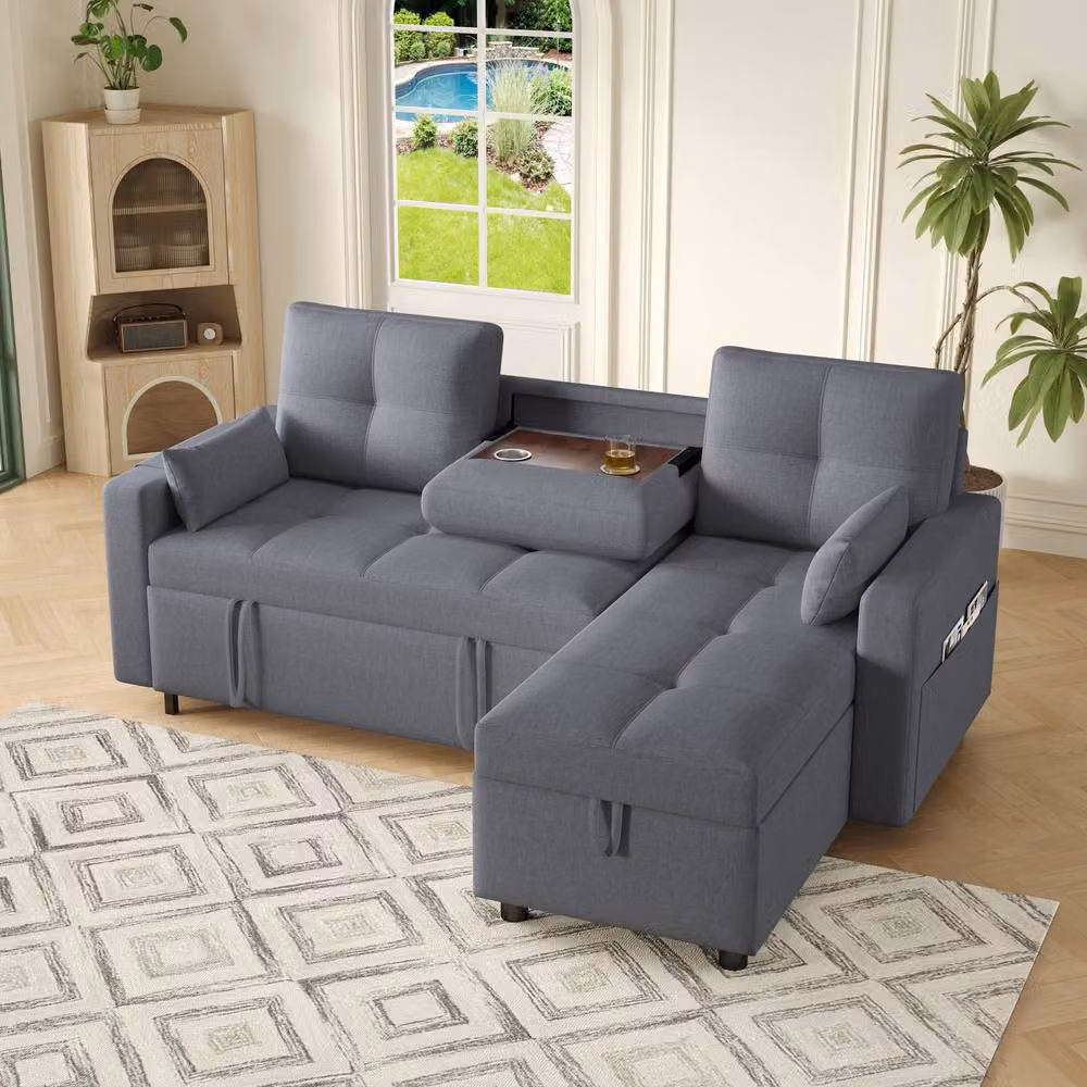 ModernLuxe Reversible L-Shape Sofa Bed in Grey with Pull Out Sleeper, Storage and Cup Holder – 2