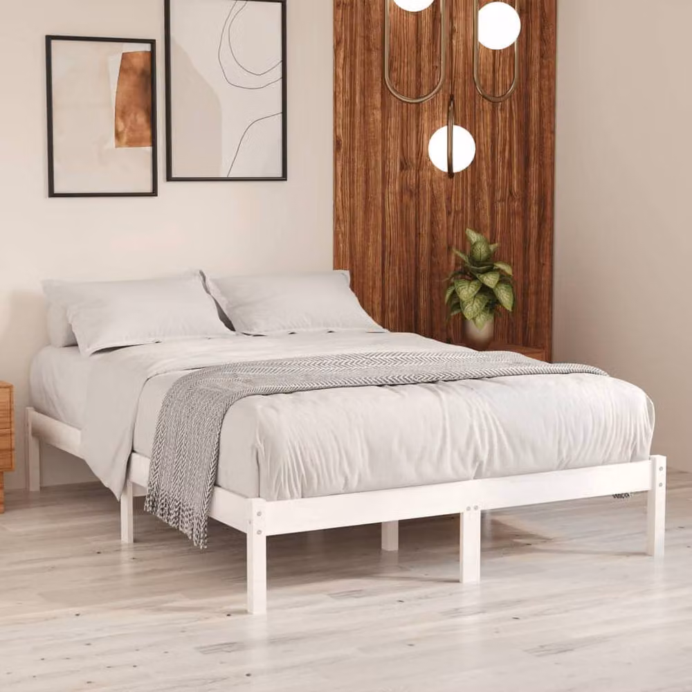 Berkfield Home Modern White Solid Pine Wood Double Bed Frame W: 135 cm, L: 190 cm – 2
