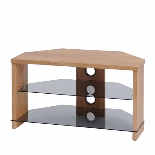 Ttap Montreal TV Stand with Wood Top and Tinted Glass Shelves, Light Oak, W: 105 cm, D: 40 cm, H: 45 cm – 1
