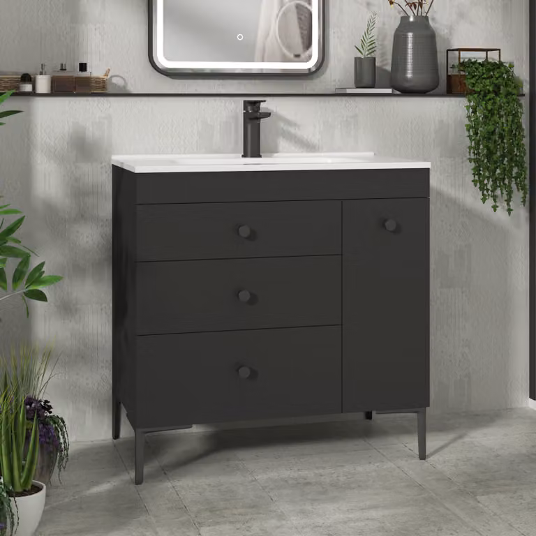 Royal Bathrooms Verona 800mm Matt Black Floor Standing Vanity Unit with Ceramic Basin and 3 Drawers and Side Pull Out Storage