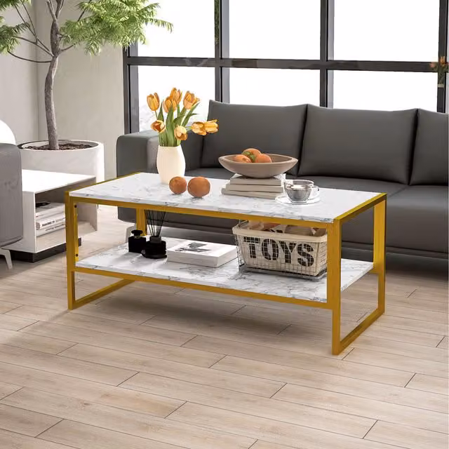 HOMCOM Modern Rectangular Coffee Table with White and Black Marble Print and Metal Legs