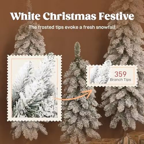 HOMCOM Set of 3 Flocked Slim Downswept Christmas Trees in White and Green, H: 91 cm, H: 122 cm, H: 152 cm – 4