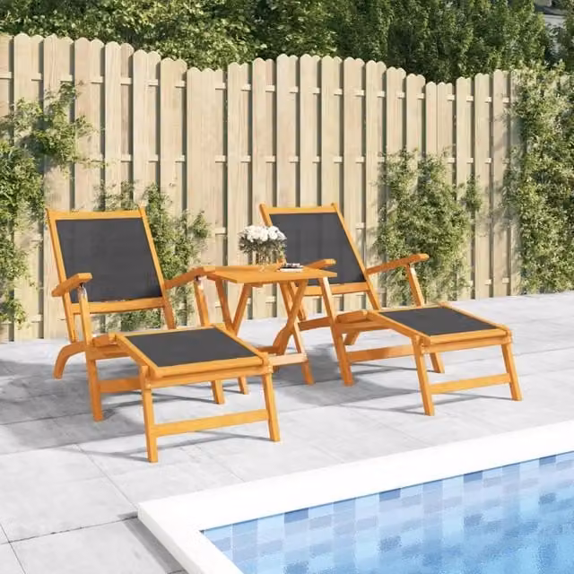 Berkfield Home Set of 2 Outdoor Deck Chairs in Brown Acacia Wood and Textilene