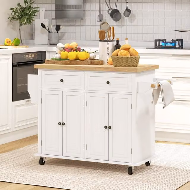 HOMCOM Modern Rolling Kitchen Island with Flexible Storage in Beige and White