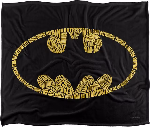DC Comics Batman Word Logo Blanket in White and Black, W: 152 cm, D: 127 cm