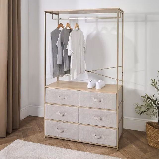 OHS 6 Drawer Wardrobe with Clothes Rail and Storage Organiser in Beige