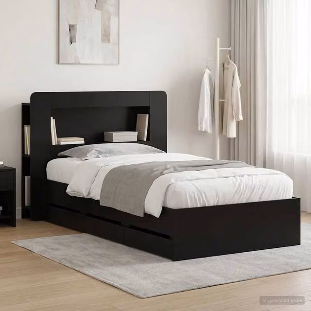 Berkfield Home Modern Bed Frame with Storage Drawers in Black, Engineered Wood, W: 75 cm x L: 190 cm