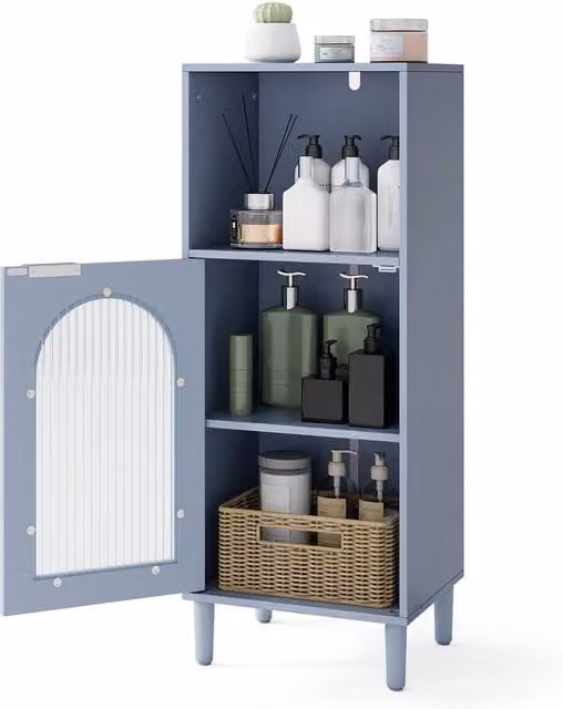 Costway Freestanding Wooden Bathroom Floor Cabinet with Glass Doors and Internal Shelves in Blue