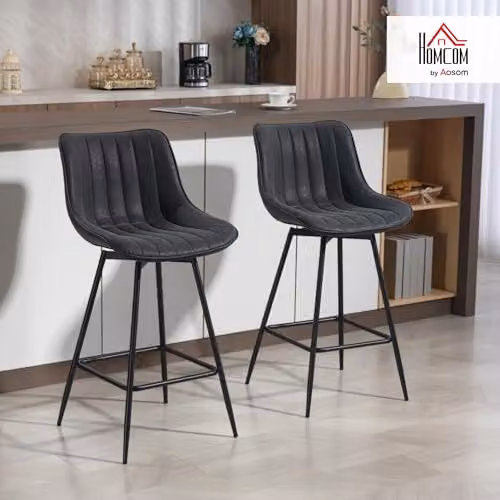 HOMCOM Set of 2 Black Synthetic Leather Swivel Bar Stools with Backrest and Height Adjustment – 2
