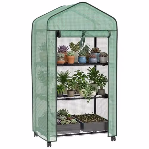 Outsunny 3 Tier Mini Greenhouse with Wheels, Green, H 130 x W 69 x D 49 cm